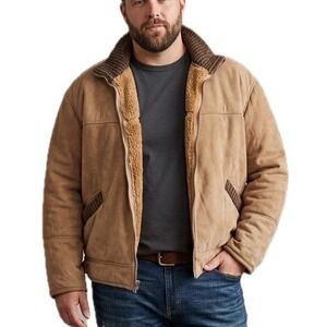 CA Collection Italy Mens Suede Shearling Bomber Jacket Tan Knit Collar XL